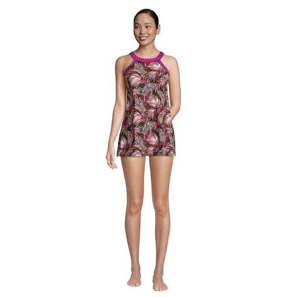 NWT Lands End Women Sz 16 High Neck Swim Dress One Piece Swimsuit Bathing Suit